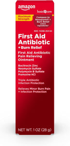 Amazon Basic Care First Aid Antibiotic + Burn Relief, Maximum Strength Triple Antibiotic Ointment for Minor Cuts, Scrapes, Infection Protection, 1 Ounce (Pack of 6)