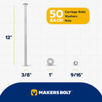 3/8" x 12" (50 Pack) Galvanized Carriage Bolt Kit, Grade 307A, Hot Dip Galvanized for Exterior Use by Makers Bolt