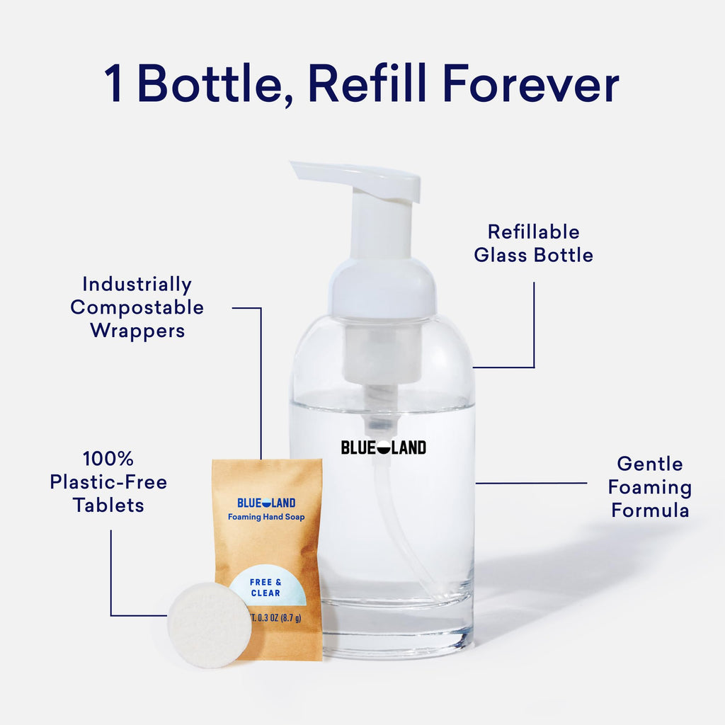 BLUELAND Hand Soap Starter Set, 1 Refillable Glass Foaming Hand Soap Dispenser with 4 Refill Tablets, Variety Scents, 4 x 9 Fl oz