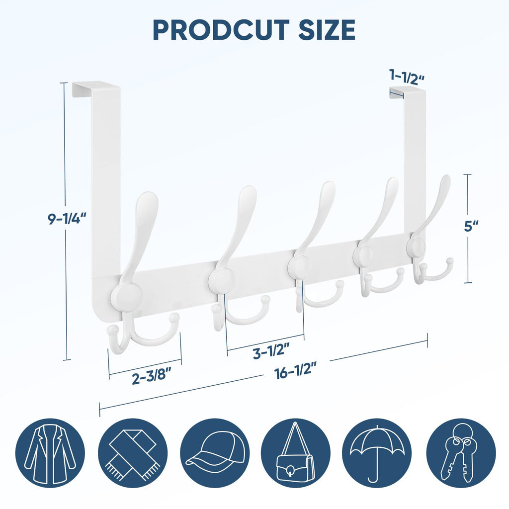 TICONN Over The Door Hooks, 5 Heavy Duty Tri Coat Rack All Metal Coat Hanger for Bathroom Bedroom Dorm (White, 2PK, Fit 1-3/8" Doors)