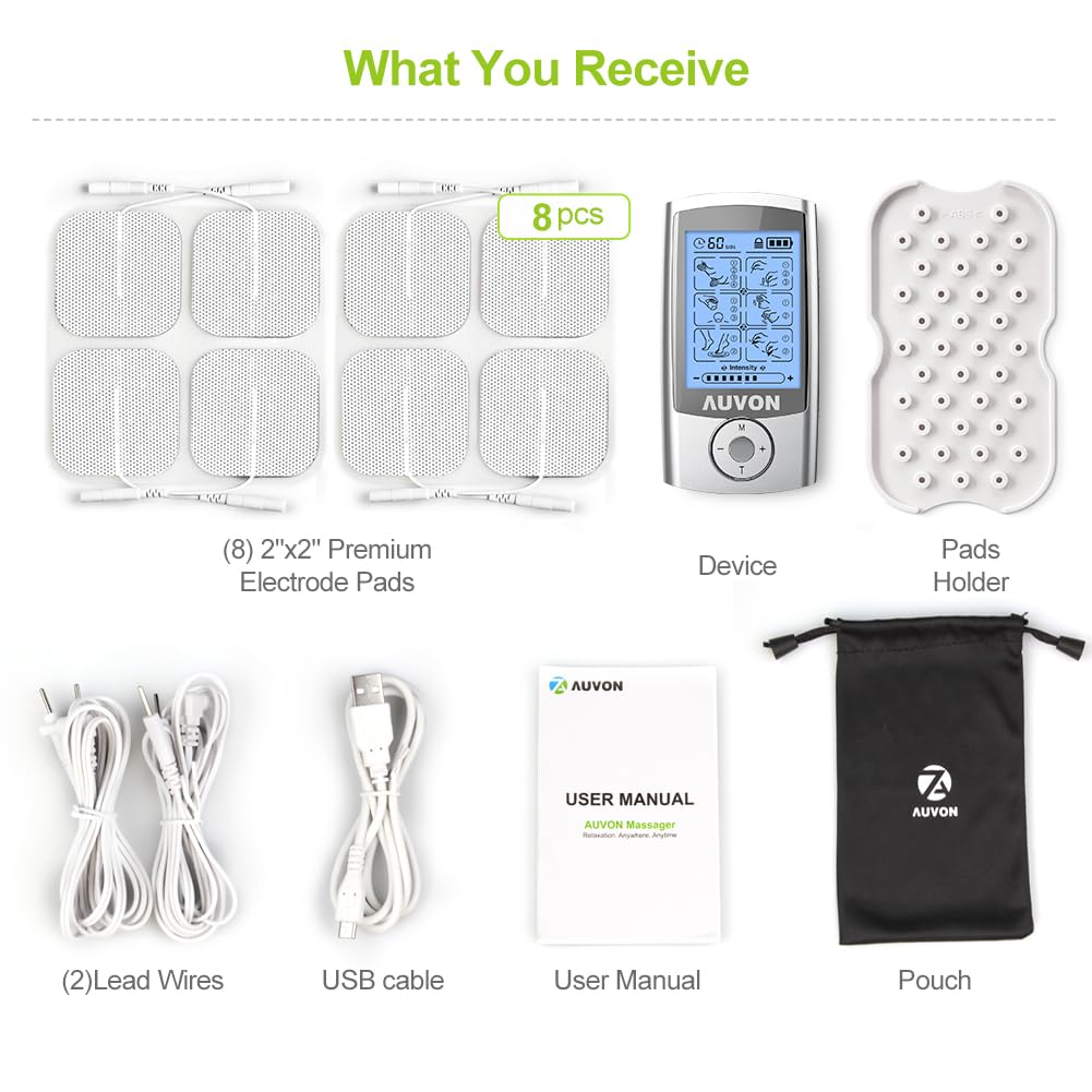 AUVON Rechargeable TENS Unit Muscle Stimulator, 24 Modes 4th Gen TENS Machine with 8pcs 2"x2" Premium Electrode Pads for Pain Relief
