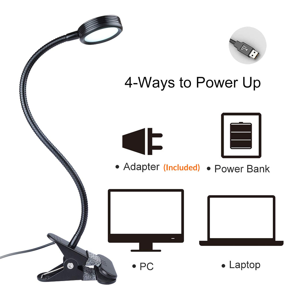 LEPOWER Clip on Light/Reading Lights/Book Light/Desk Lamp Color Changeable/Night Lights Clip on for Desk, Bed Headboard and Computers, Adapter Included (Black)