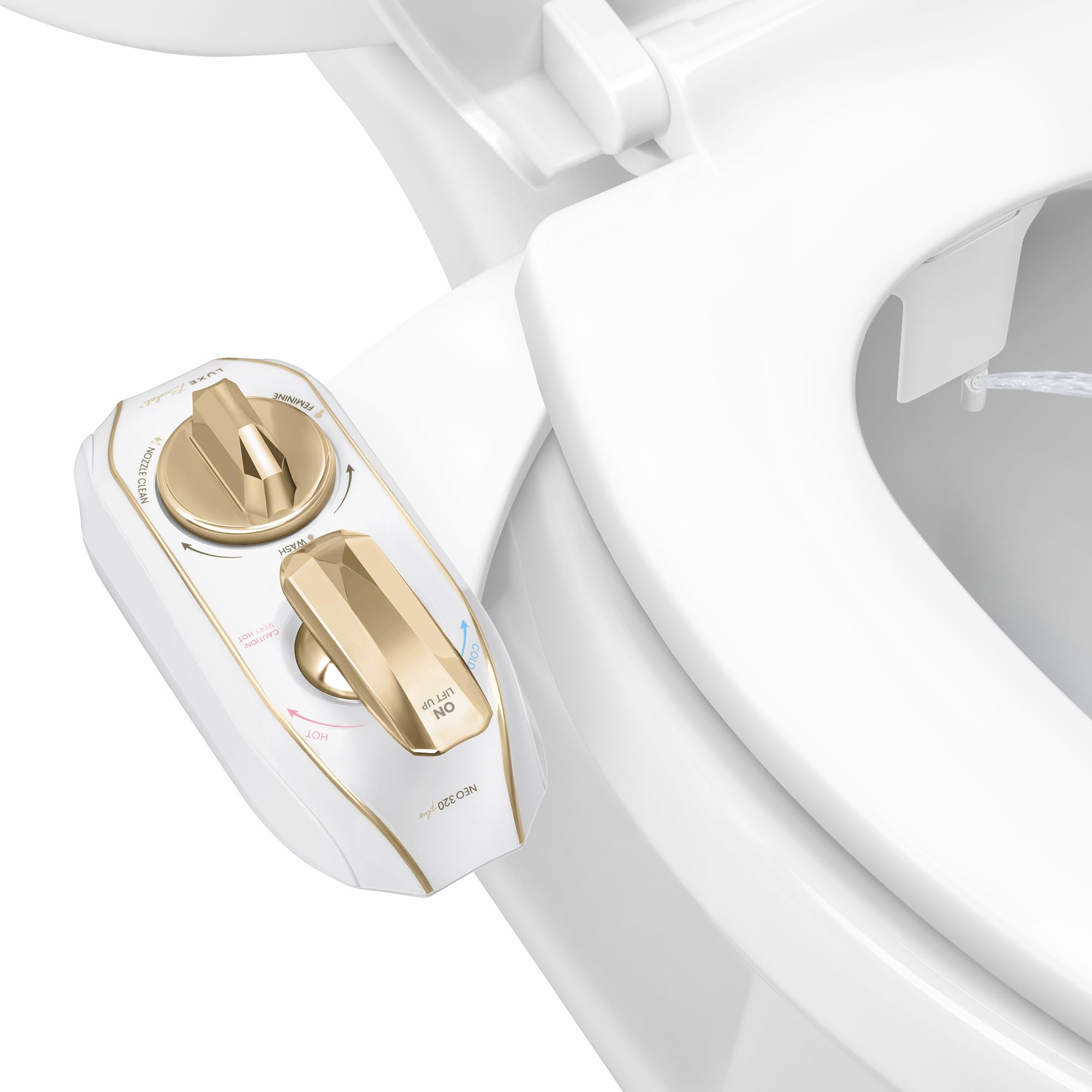 LUXE Bidet NEO 320 Plus - Warm Water, Dual Nozzle, Non-Electric Bidet Attachment for Toilet Seat, Patented Slide-In Install, 360° Self-Clean, EZ-Lift to Clean, Feminine & Rear Wash (Gold)