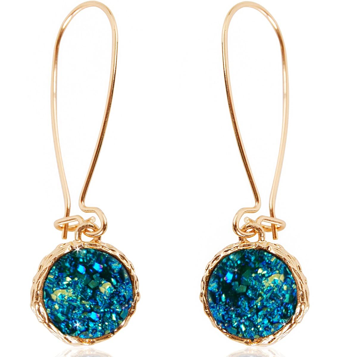 Teal Earrings for Women - Gold Tone Faux Druzy Boho Dangle Drop