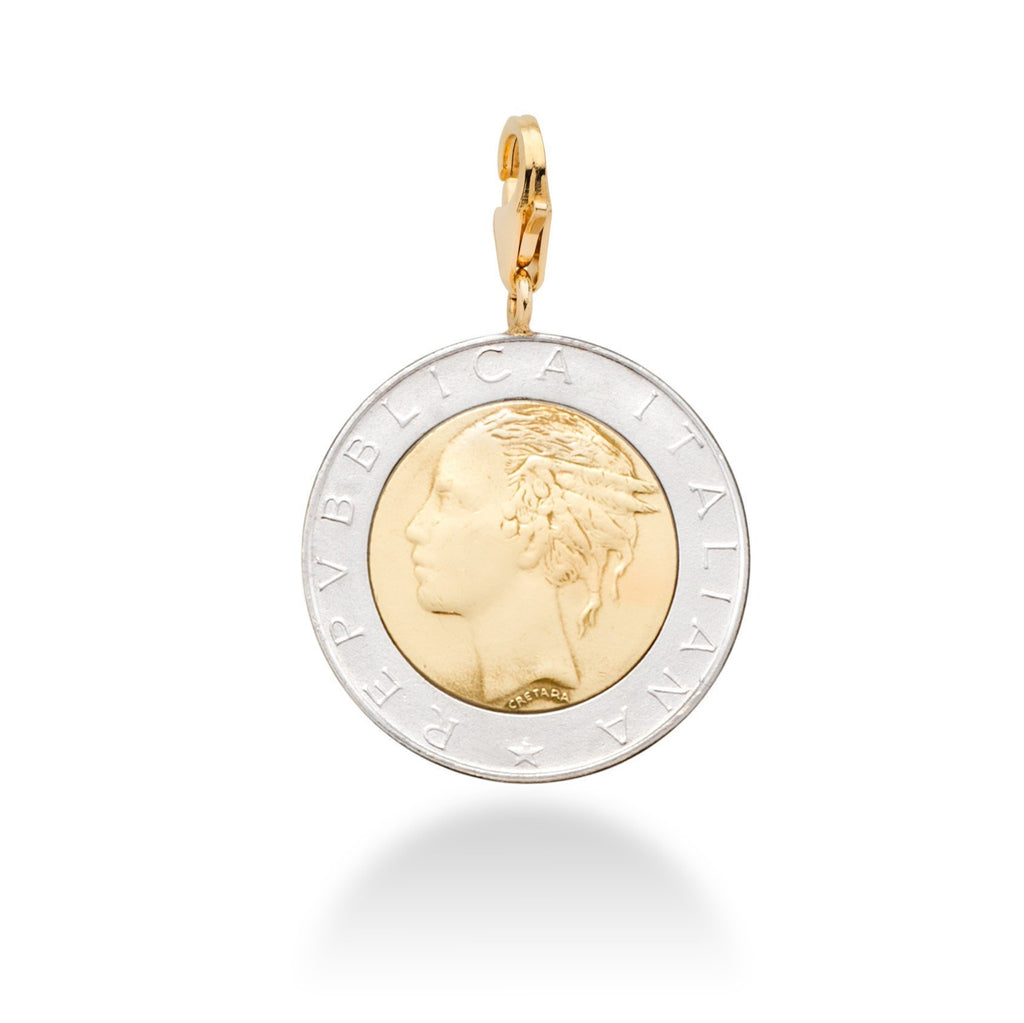 Miabella 18K Gold Plated 925 Sterling Silver Genuine Italian 500-Lira Coin Medallion Charm Pendant for Bracelet Necklace Women Men 925 Made in Italy