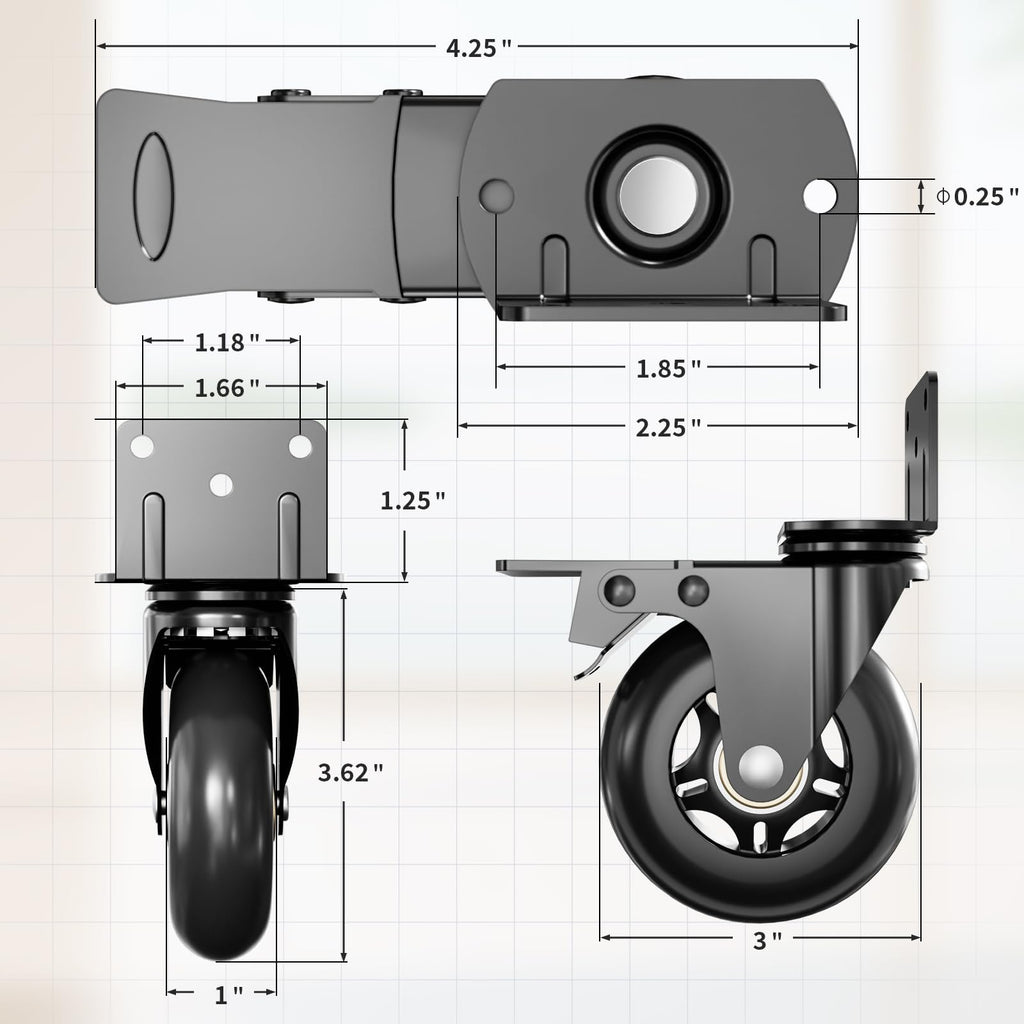 Side Mount Plate Caster Wheels - Thickened L-Shaped Mounting ，Heavy Duty 1200 LBS，Set of 4 with Brake，360° Swivel，Locking，Castor Wheels for Furniture，Carts，Cabinet，Table(Black, 3 inchs)