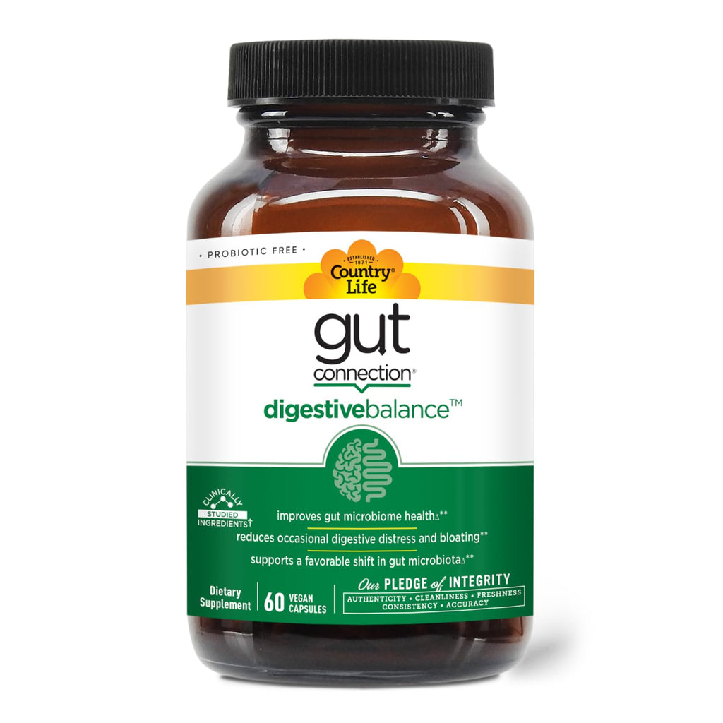 Country Life Gut Connection Digestive Balance – Prebiotic & Digestive Enzyme Supplement for Gut Health, Bloating Relief, and Improved Bowel Movements – Gluten-Free, Vegan, Non-GMO, 60 Capsules