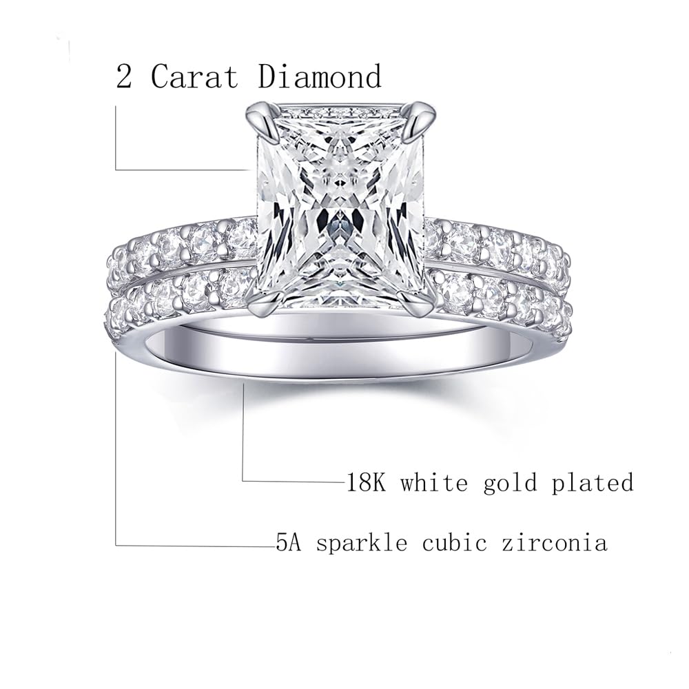 AONED Engagement Rings For Women Wedding Rings Fake Engagement Ring Set Promise Rings For Her 2 Carat 2CT Radiant Cubic Zirconia CZ Bridal Ring Sets Wedding Rings Cheap Band 2pcs, Size 8