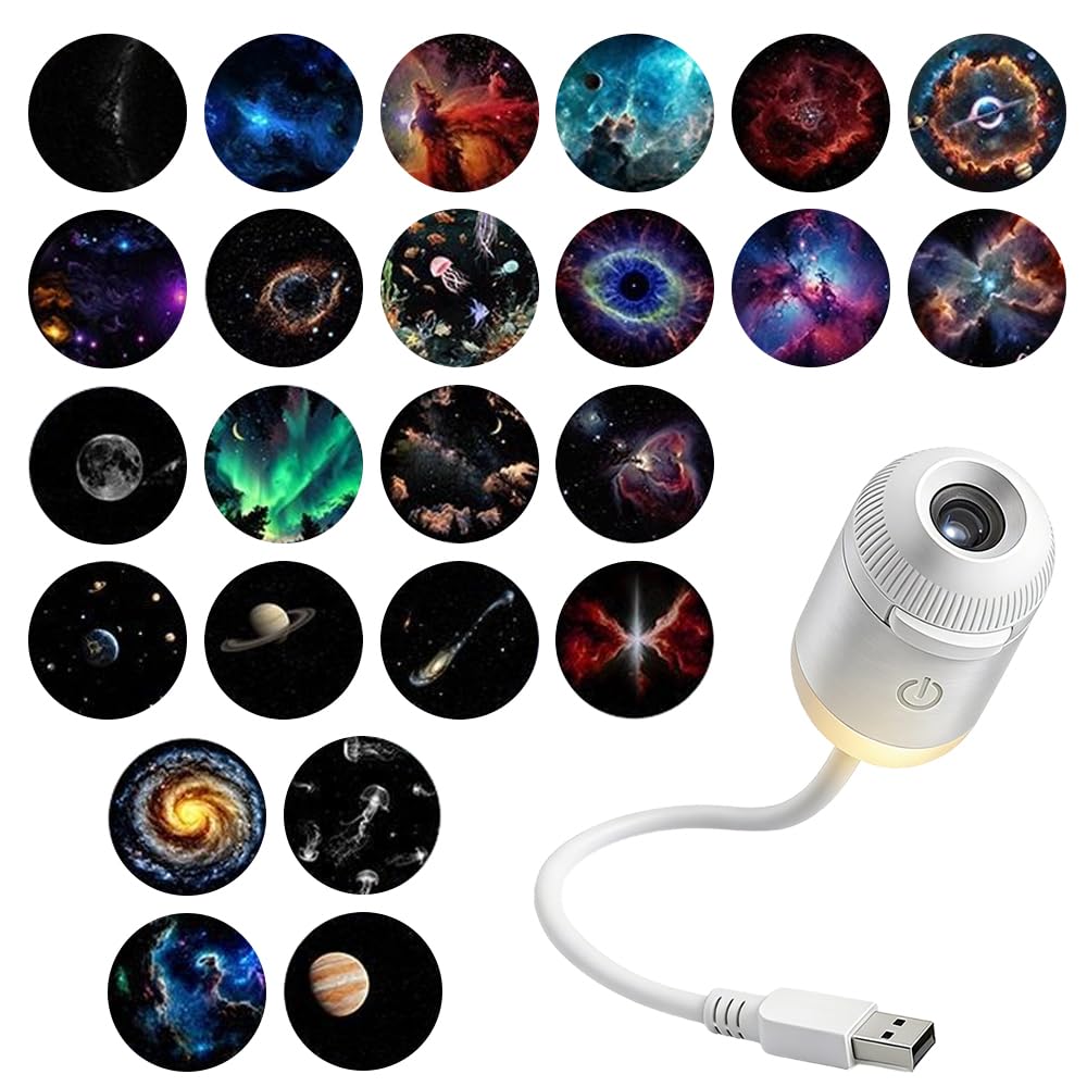 asfanst 2-in-1 Galaxy Projector Night Light, USB Starry Sky Night Light Projector with Adjustable Brightness, Mini LED Projection Lamp for Bedroom Ceiling Wall Room Decor (24 Projection Films)