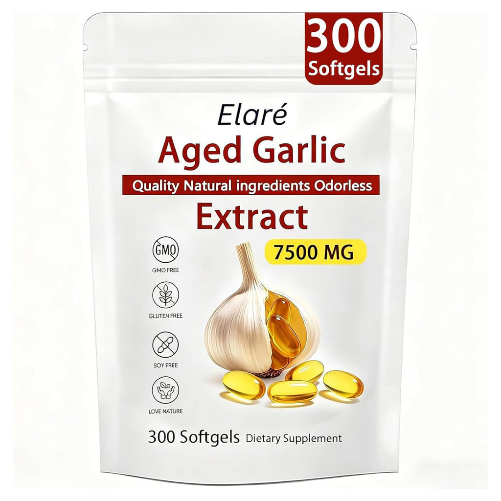 Elare Aged Garlic Extract - 7500mg Odorless, Organic Garlic Extract Capsules | Heart & Immune Antioxidant Supplements, Vegetarian, All-Natural, Non-GMO, 300 Softgels