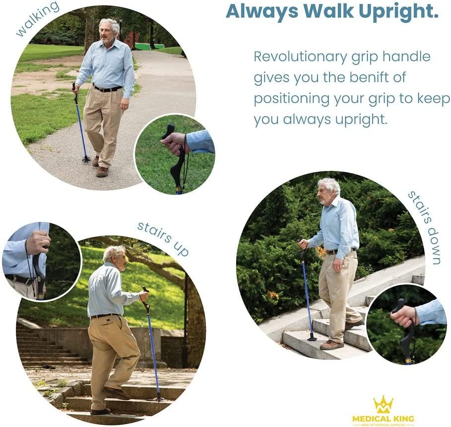 Medical king Walking Cane for Men and Walking Canes for Women Special Balancing - 10 Adjustable Heights - Self Standing Folding Cane, Portable Collapsible Cane, Comfortable (Blue)