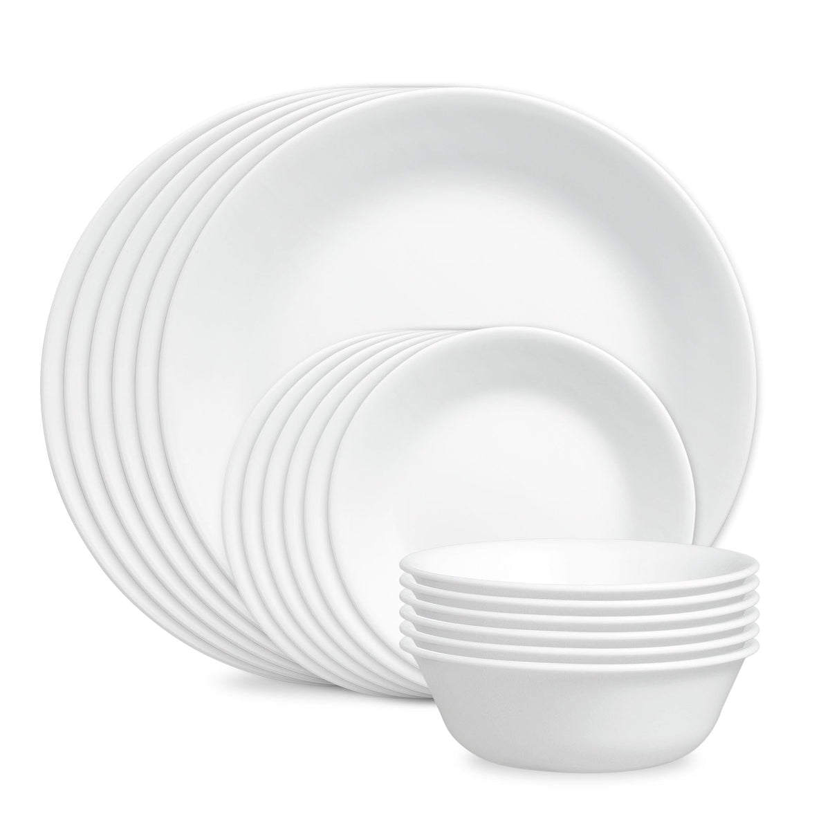 Corelle Vitrelle 18-Piece Service for 6 Dinnerware Set Triple Layer Glass and Chip Resistant, Lightweight Round Plates and Bowls Set, Winter Frost White