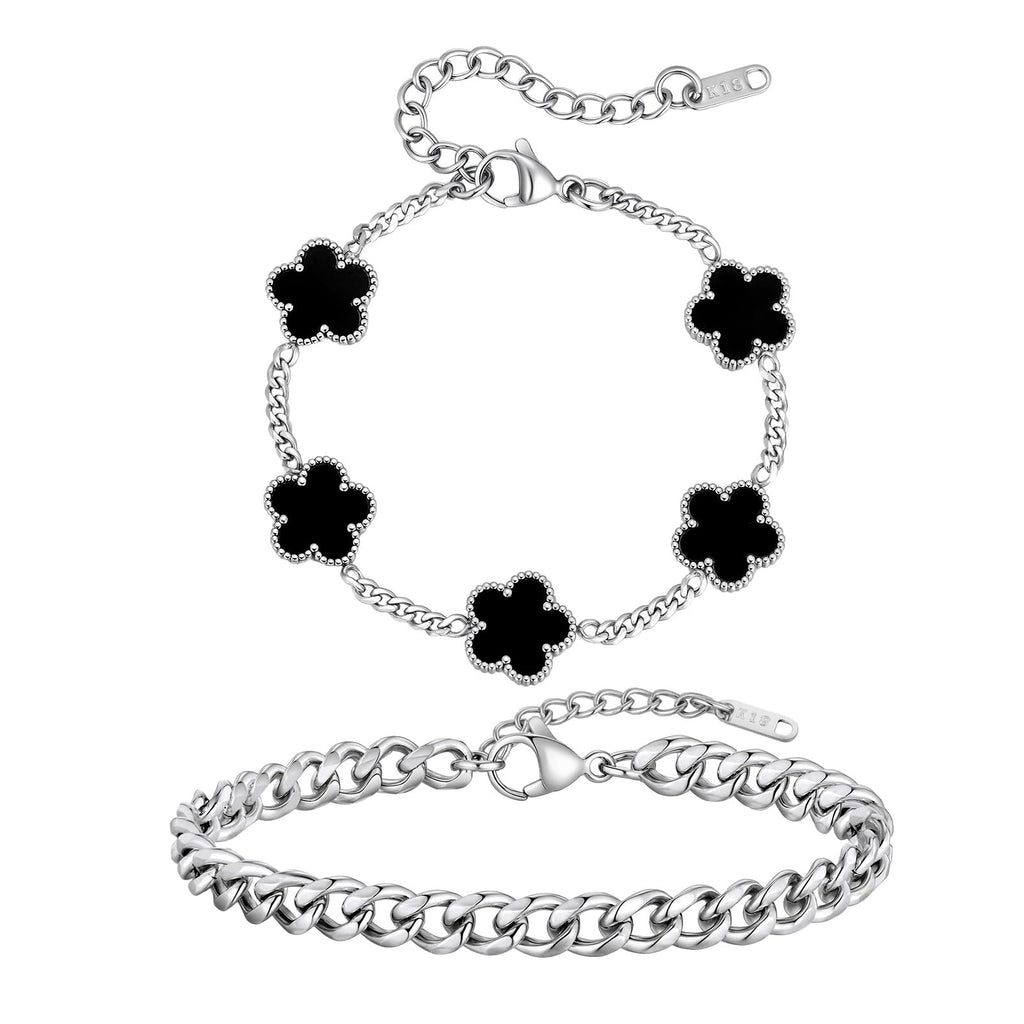 VNOX 2 PCS Floral Bracelets for Men Women -Womens Mens Stainless Steel Silver Cuban Chain Link Bracelet Lucky Charm Four Clover Flower Bracelets Trendy Jewelry Gifts, S01