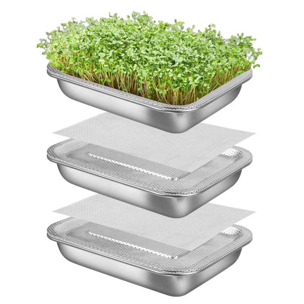 Picowe Stainless Steel Sprouting Trays Seed Sprouting Kit with Stainless Steel Mesh Tray Seed Starter Tray Seed Sprouting Kit (3pack, 10.4 x 7.7inch)