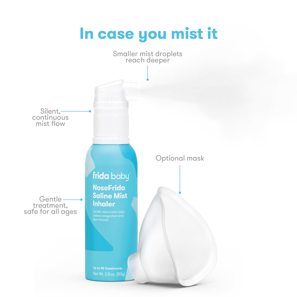 Frida Baby NoseFrida Saline Mist Nasal Inhaler, Decongestant Spray for Congestion & Allergy Relief for Babies + Kids, Nasal Saline Spray, Soothes Stuffy Nose & Sore Throat, Includes Mask