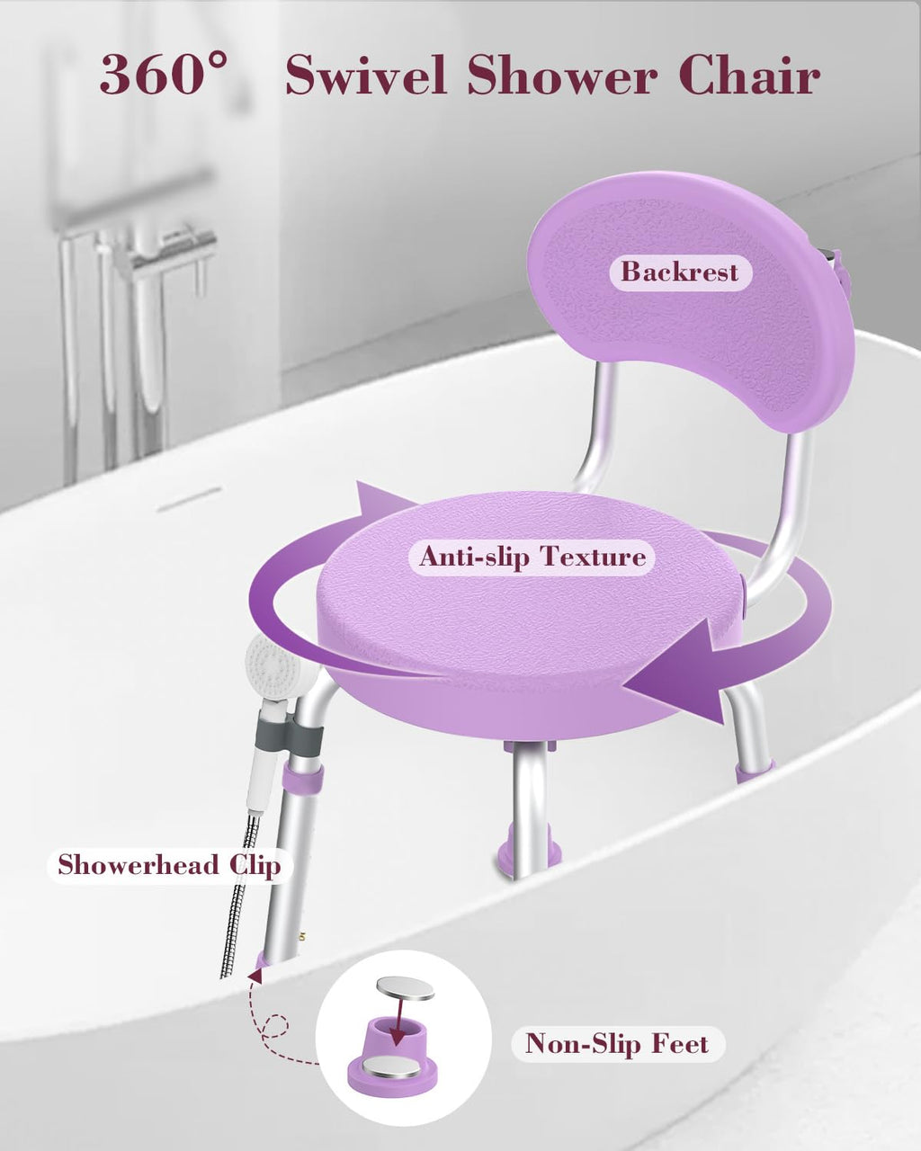 Fvzzin Swivel Shower Chair, 360° Non-Slip Shower Seat with Backrest for Elderly and Disabled, Height Adjustable Rotating Tub Transfer Bench for Seniors Bathroom Inside Shower(Purple)