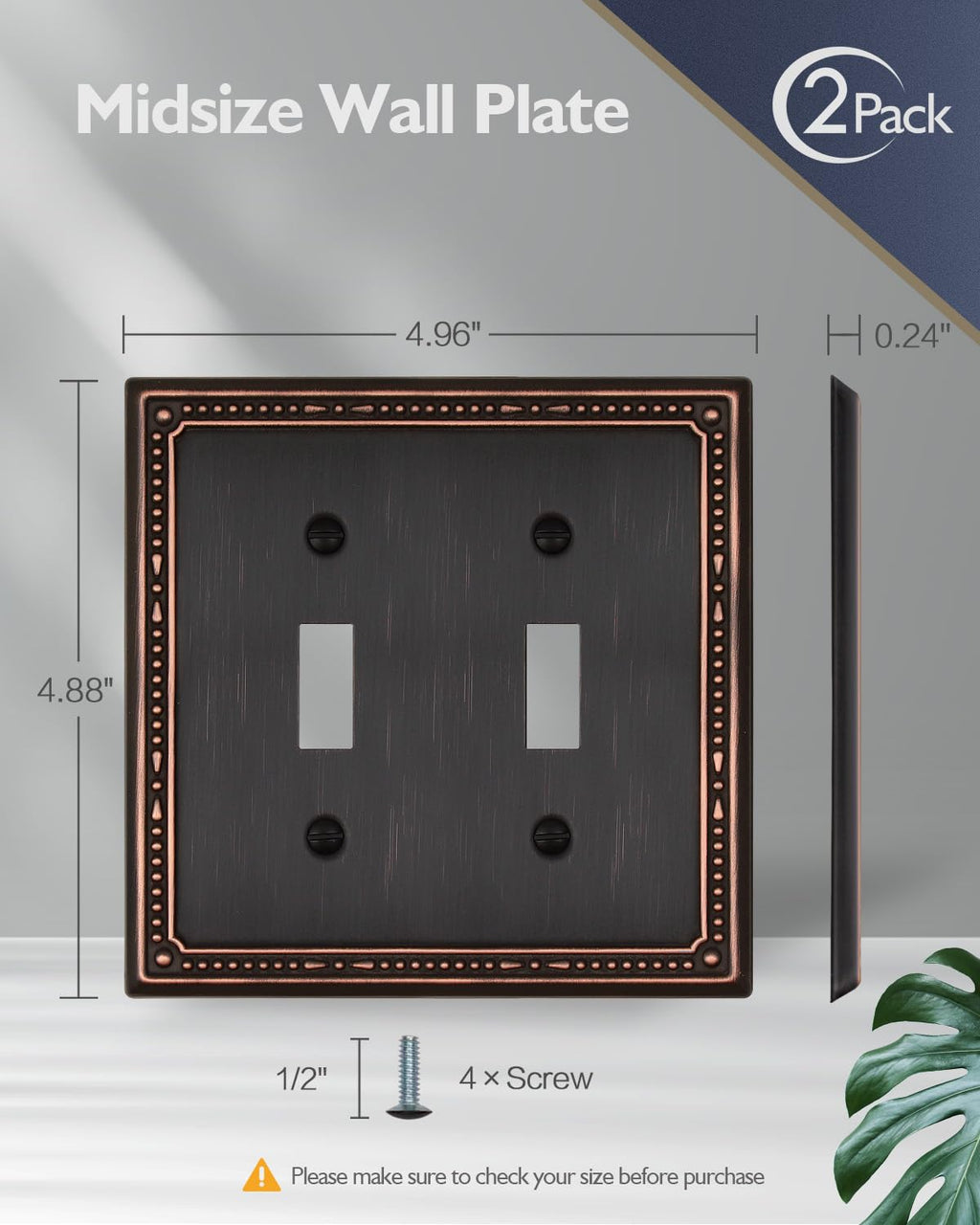 ZILLSEA 2-Pack Aged Bronze Double Toggle Wall Plates, 2 Gang Light Switch Covers, Durable Metal Switch Plate Covers, Decorative Pearl Design, 4.96''*4.88'', Midsize