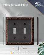 ZILLSEA 2-Pack Aged Bronze Double Toggle Wall Plates, 2 Gang Light Switch Covers, Durable Metal Switch Plate Covers, Decorative Pearl Design, 4.96''*4.88'', Midsize