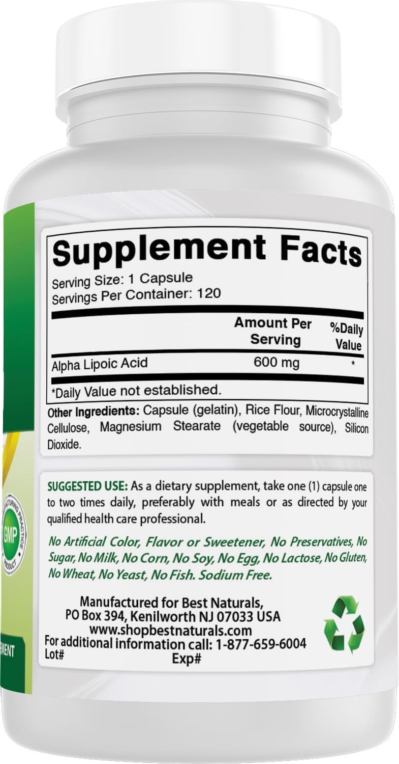 Best Naturals Alpha Liopic Acid 600 mg 120 Count - ALA Alpha Lipoic Acid Powerful Antioxidant