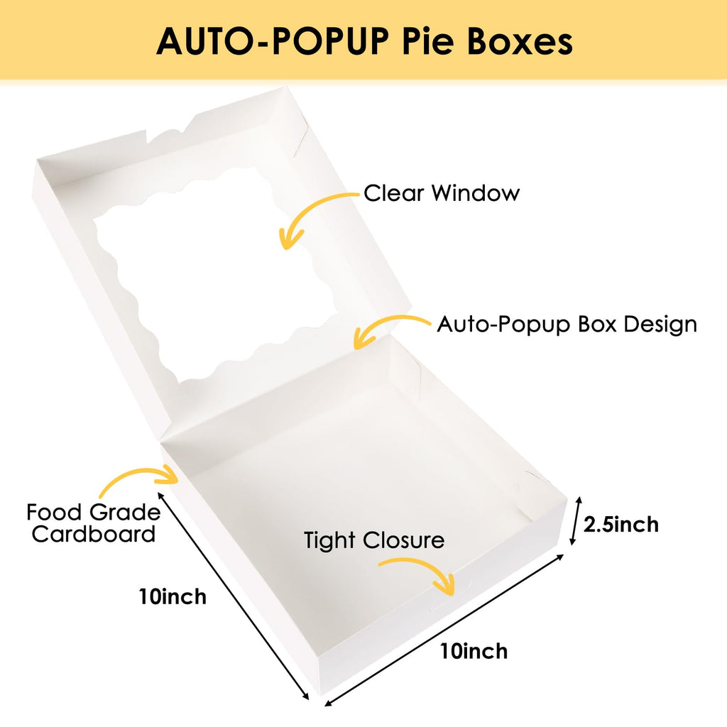 Moretoes 24pcs Bakery Boxes, 10x10x2.5 Inches Auto-Popup Pie Boxes for Cookies, Chocolate Covered Strawberries, Pies, Donuts, Muffins