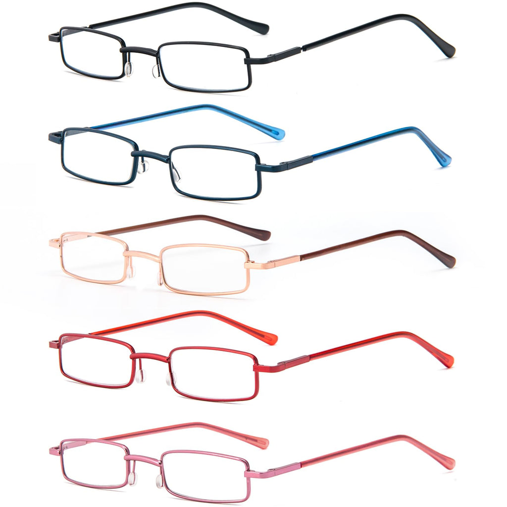 REAVEE 5 Pack Slim Portable Reading Glasses for Men Women, Computer Blue Light Blocking Small Readers Metal Frame Spring Hinge with Pocket Compact Pen Case, Black Red Pink Blue Gold 2.5