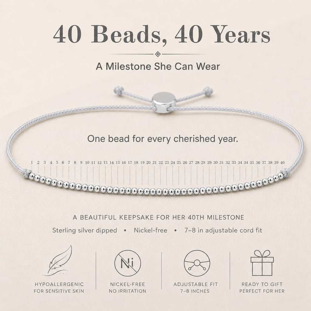 Lucky Feather 40th Birthday Gifts Women | Cute 14k Gold Dipped Beads Bracelet | Fabulous Forty Milestone Bracelet | 40th Birthday Bracelets For Women | Adjustable 7"- 8" Cord | 40 and fabulous Silver