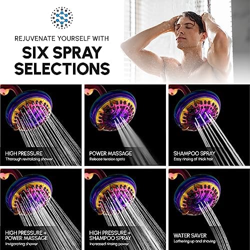 Luxury Spa Series Shower Head, 6 Spray Setting, 4.5 Inch Adjustable High Pressure Shower Head Fixture for Hard Water, 360-Degree Tilt Massage Shower System - Rainbow Finish Shower Head