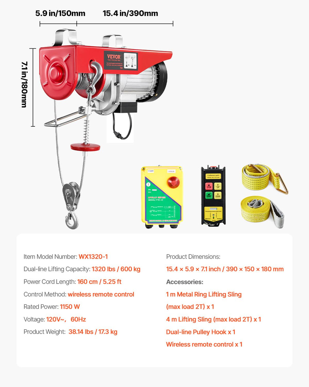 VEVOR 1320lbs Wireless Electric Hoist, 1150W 110V Electric Steel Wire Winch with Wireless Remote Control, 40ft Single Cable Lifting Height & Motor, for Garage Warehouse Factory