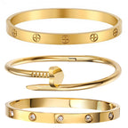 18K Gold Plated Stainless Steel Love Nail Bangle Clover Bracelet Set Stackable Dupes for Love Trendy Jewelry (gold)