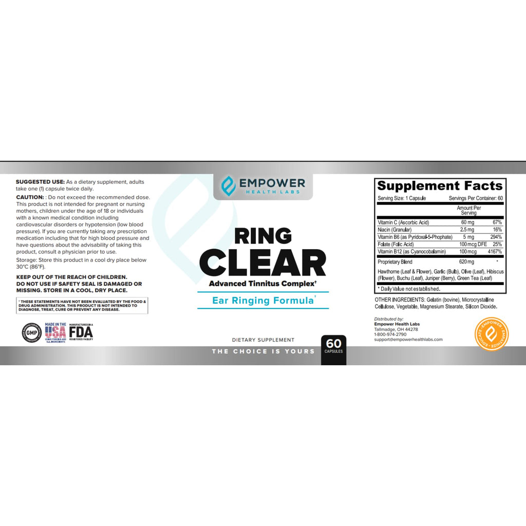 Empower Health Labs Ring Clear All-Natural Ear Buzz Relief Formula for Lasting Relief from Incessant Ear Buzzing - 30-Day Supply
