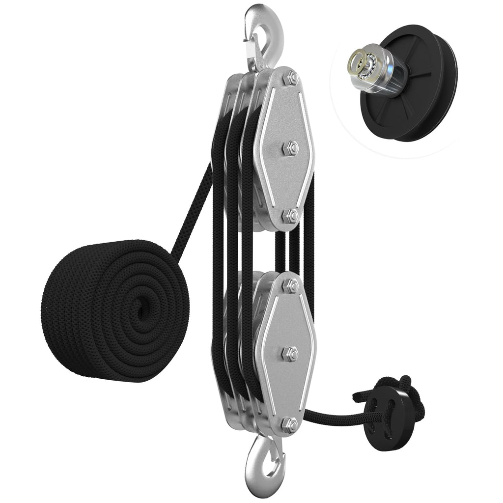 YATOINTO Rope Pulley Hoist with Bearing, 2200 LB Pulley Block and Tackle System 6:1 Power, Pulley Block 1100LB Loading Capacity, 50ft Heavy Duty Rope Hoist for Hunting Garage Warehouse Constructions