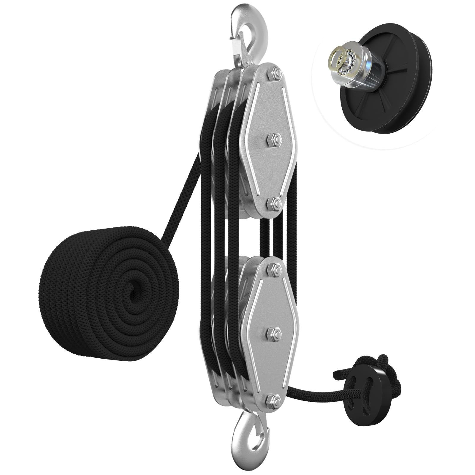 YATOINTO Rope Pulley Hoist with Bearing, 2200 LB Pulley Block and Tackle System 6:1 Power, Pulley Block 1100LB Loading Capacity, 50ft Heavy Duty Rope Hoist for Hunting Garage Warehouse Constructions