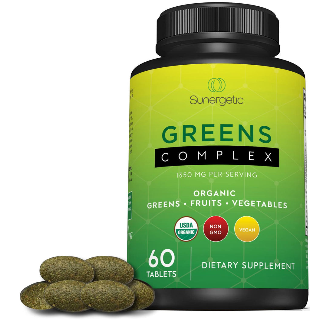 Sunergetic Premium USDA Organic Greens Superfood Tablets – Greens Superfood Powder Includes Veggies, Fruits & Polyphenols – Daily Greens Superfood Powder Supplement– 60 Greens Tablets