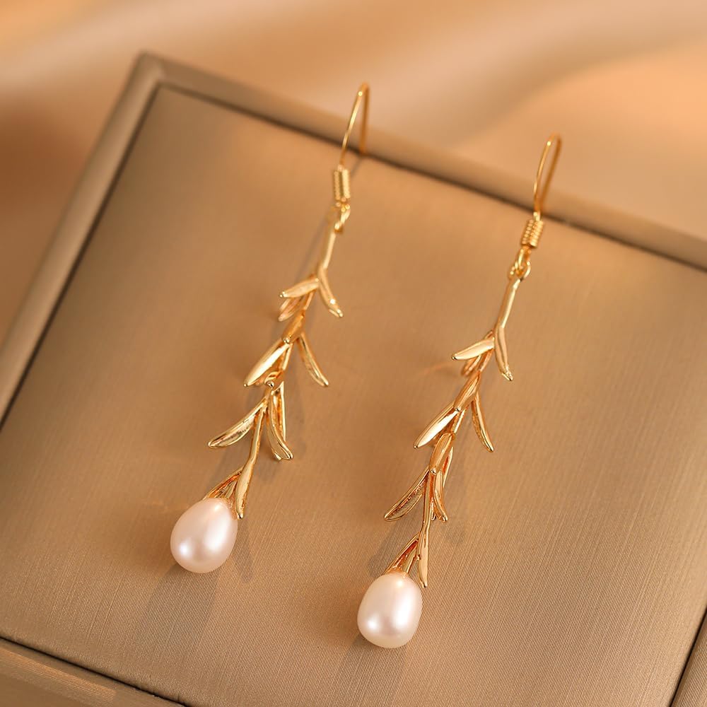 JaruJaru Elegant Freshwater Baroque Pearl Drop Earrings, Real Naturally Cultured Pearls, Long Dangle Earrings for Women, 18K Gold-Plated, Unique Jewellery Gift for Her (Gold Willow Leaf)