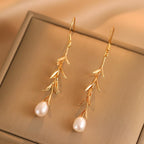 JaruJaru Elegant Freshwater Baroque Pearl Drop Earrings, Real Naturally Cultured Pearls, Long Dangle Earrings for Women, 18K Gold-Plated, Unique Jewellery Gift for Her (Gold Willow Leaf)