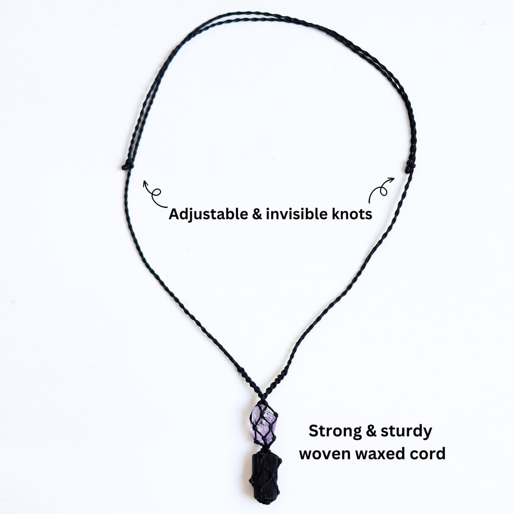 Handmade Raw Black Tourmaline & Amethyst Necklace – Macramé Crystal Pendant for Spiritual Balance, Grounding & Everyday Energy Gift for Men, Women