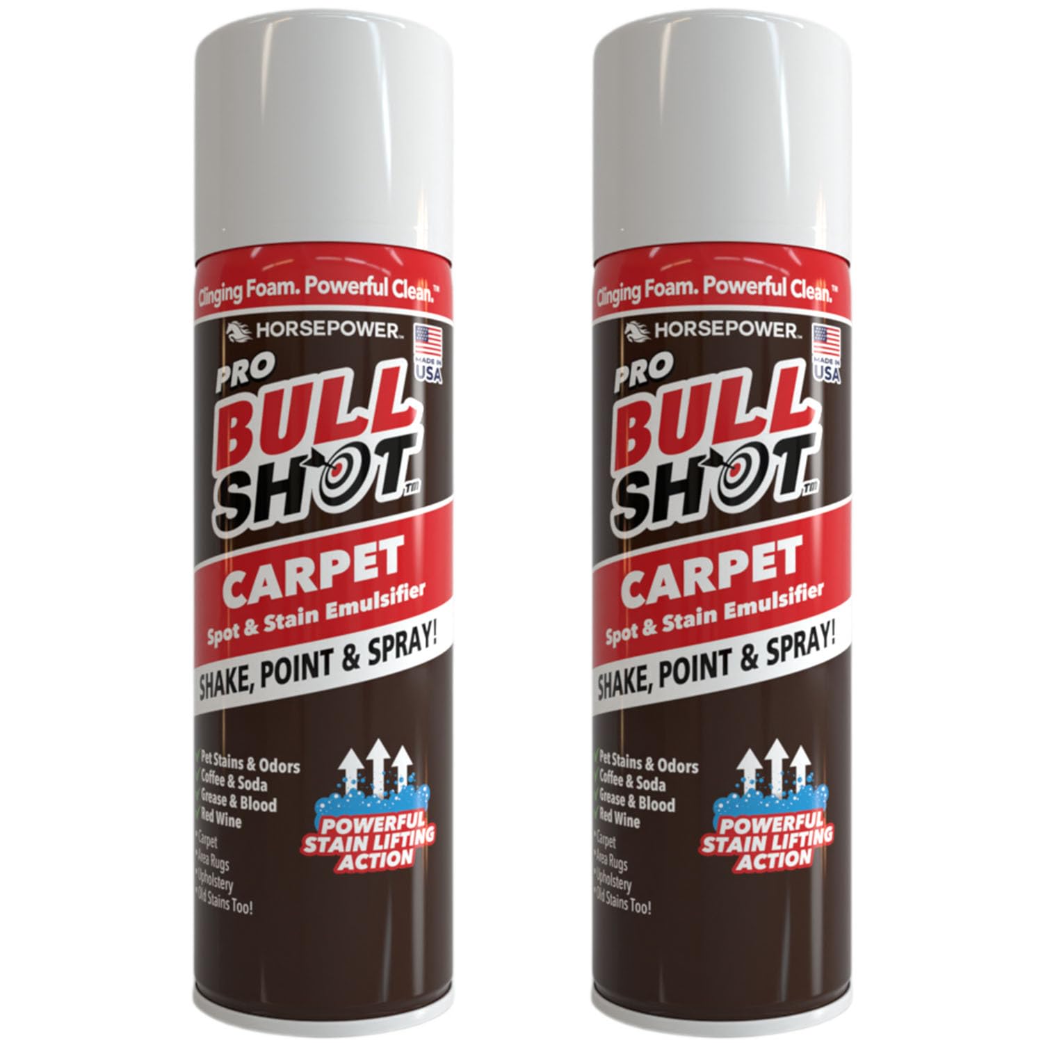 Horsepower Bull Shot Carpet Spot & Stain Remover by Horsepower, AS SEEN ON TV, Made In USA, Just Point & Spray, Stain-Lifting Foam-Action, Pet Stains & Odors, Coffee, Soda, Wine, Stains, 2 Pack