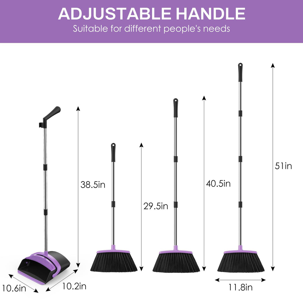 EZKEY Broom and Dustpan Set for Home, 51-in Long Adjustable Handle Angle Broom and Dustpan Combo Set with Dust Pan Teeth to Clean Hair for Home Kitchen Office Lobby Floor Garden (Black&Purple)