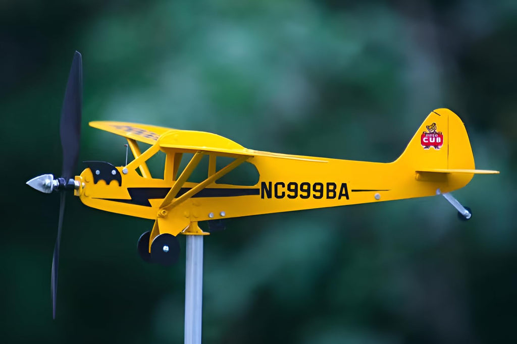 SDFRT Magic Metal Kinetic Sculpture Airplane Weathervane,Metal Wind Spinners for Yard and Garden, 3D Kinetic Wind Spinner Wind Catchers Sculpture, Airplane Weathervane (Piper J3 Cub,32 ×32 x80cm)