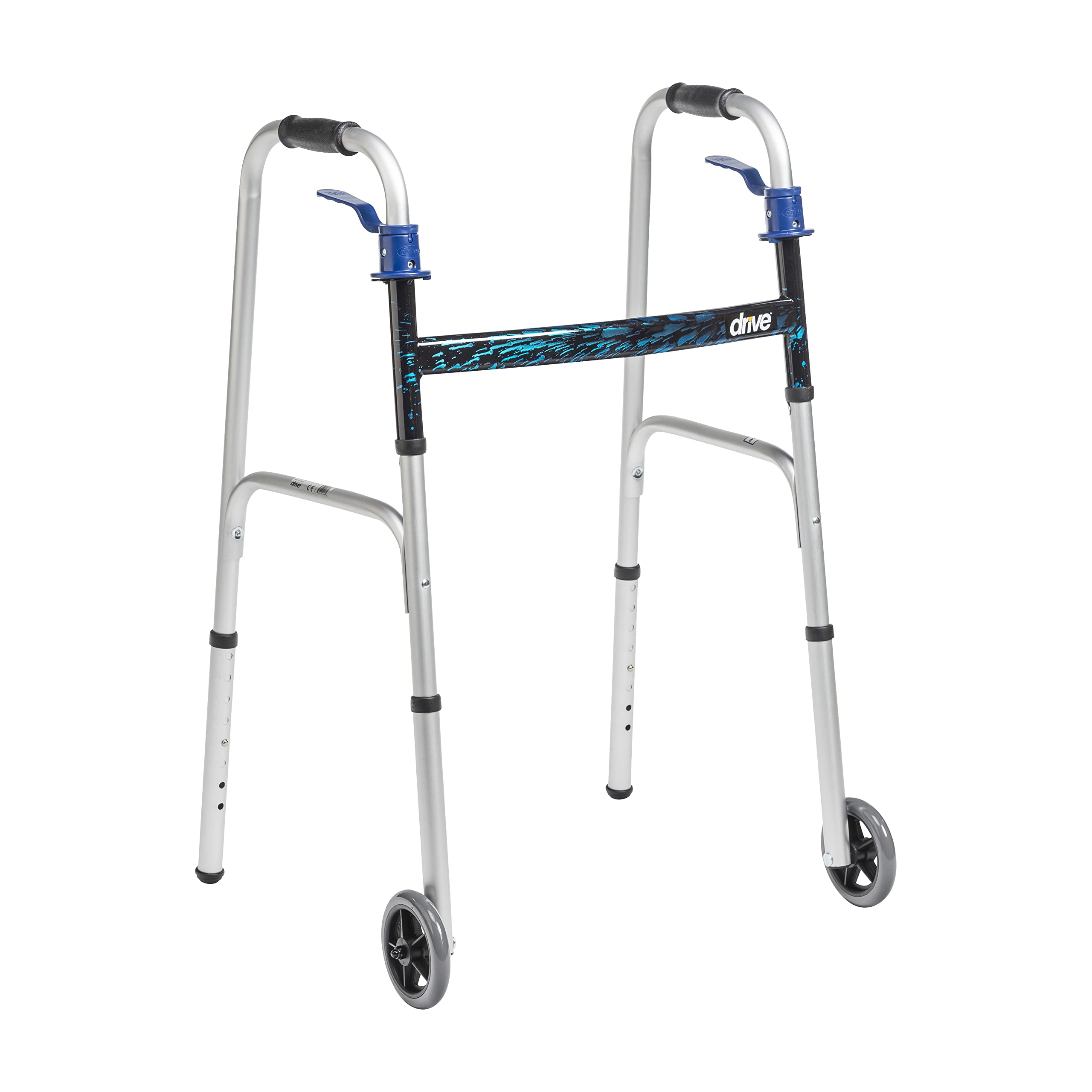 Drive Medical Trigger Release Folding Walker - Lightweight Brushed Steel Design - Easy Trigger Folding Mechanism - 5 Inch Wheels - Contoured Hand Grips - Senior Mobility Aid