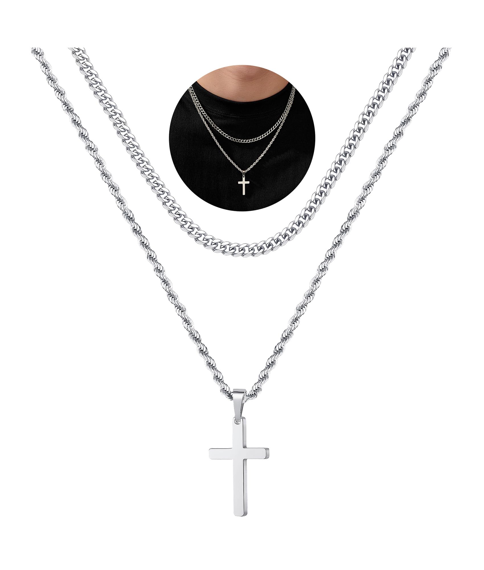 Yooblue Cross Necklace for Men, Mens Necklace Silver Layered Rope Chain Cross Pendant Simple Necklace Jewelry Gifts Dainty Cross Chain Necklace for Men 22 24 Inch Mens Gifts