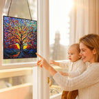HYPESTYLE Rectangle Tree of Life Stained Glass Window Hanging Window Suncatcher Glass Panel with Metal Chain Sun Catchers Wall Art Home Decor Gift for Women Mother's Day