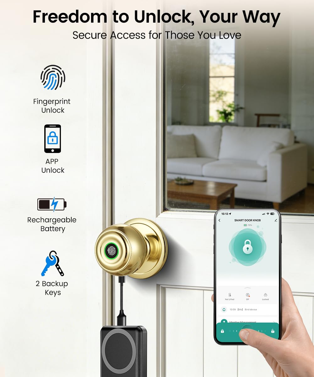 KLLOQUE Fingerprint Door Lock, Smart Fingerprint Door Knob with Lock, Biometric Door Locks with App Control & Key, Keyless Thumbprint Entry Door Locks for Bedroom, Front Door, Home, Apartment-Brass