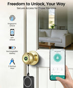 KLLOQUE Fingerprint Door Lock, Smart Fingerprint Door Knob with Lock, Biometric Door Locks with App Control & Key, Keyless Thumbprint Entry Door Locks for Bedroom, Front Door, Home, Apartment-Brass