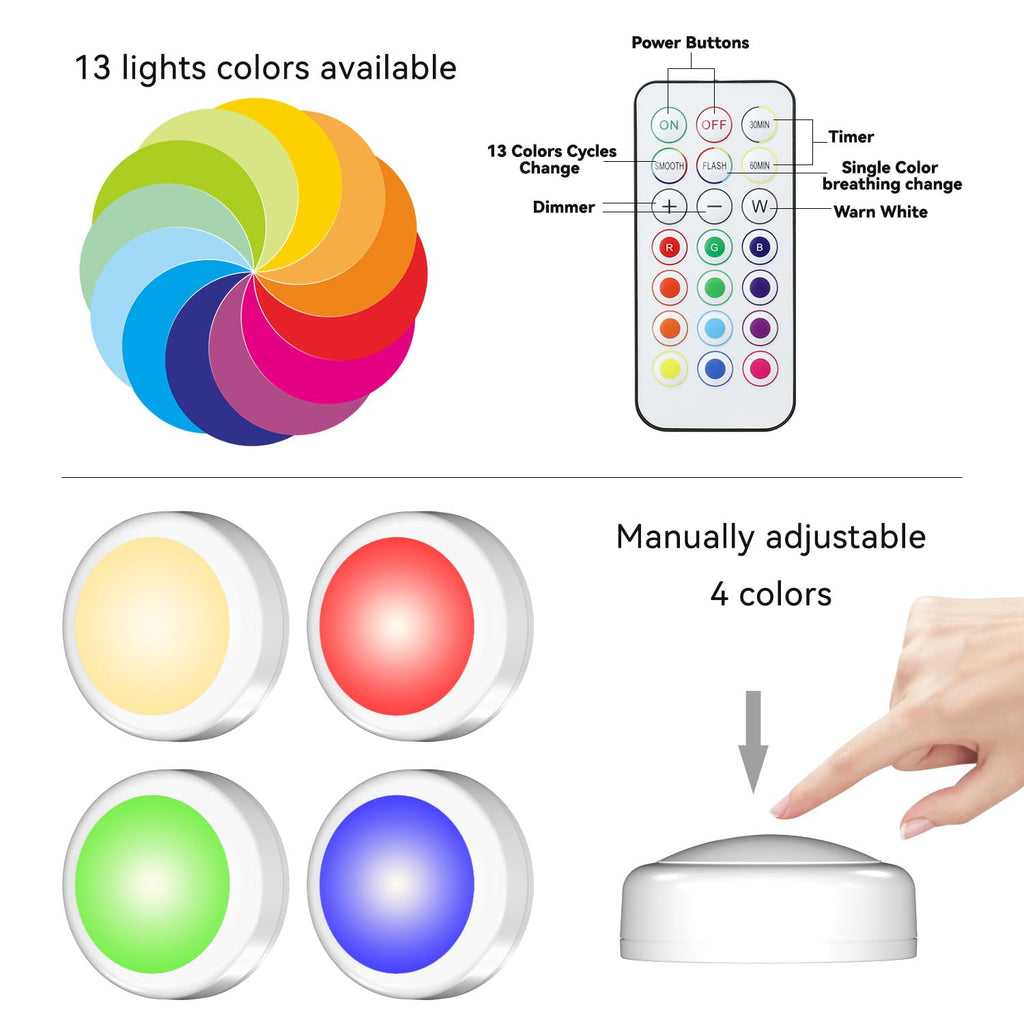 SEMSMOKS Puck Lights with Remote Control, Battery Operated LED Push Light Wireless, 13 Color RGB - for Closet, Bedroom Wall, Under Cabinet, Battery Powered Puck Lights. Convenient 3M Stick On, 6 Pack