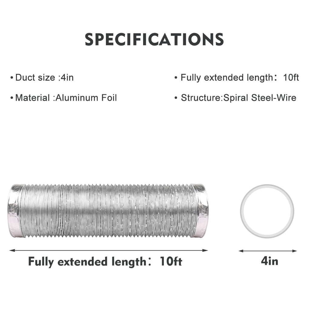 4-Inch Dryer Vent Hose 10FT, Flexible Aluminum Duct with 2 Clamps, Heavy-Duty Four Layer Protection for HVAC Ventilation and Exhaust