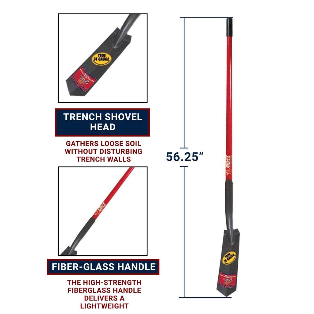 Bully Tools 14-Gauge 3-Inch Trench Shovel - Heavy-Duty Steel Blade with V-Shaped Design, Long Fiberglass Handle, Rust-Resistant Powder Coat & Rubber Grip for Landscaping, Garden Task- 100% Made in USA