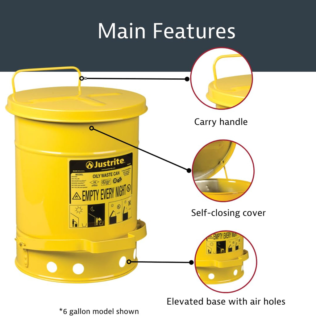 Justrite 21 Gallon Galvanized Steel Oily Waste Can, 23.5" x 18" Metal Oil Rag Safety Can with Foot Operated Self-Closing Lid for Oil Rag Disposal, Made in The USA, Yellow, 09701