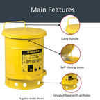 Justrite 21 Gallon Galvanized Steel Oily Waste Can, 23.5" x 18" Metal Oil Rag Safety Can with Foot Operated Self-Closing Lid for Oil Rag Disposal, Made in The USA, Yellow, 09701