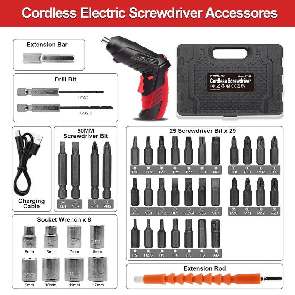 AFNZTME Cordless Power Screwdriver Electric Screwdriver Rechargeable Set, Battery Powered Screwdriver Kit Including 46pcs Bits, Pivoting Handle and LED Lights Small Drills Cordless (Red)